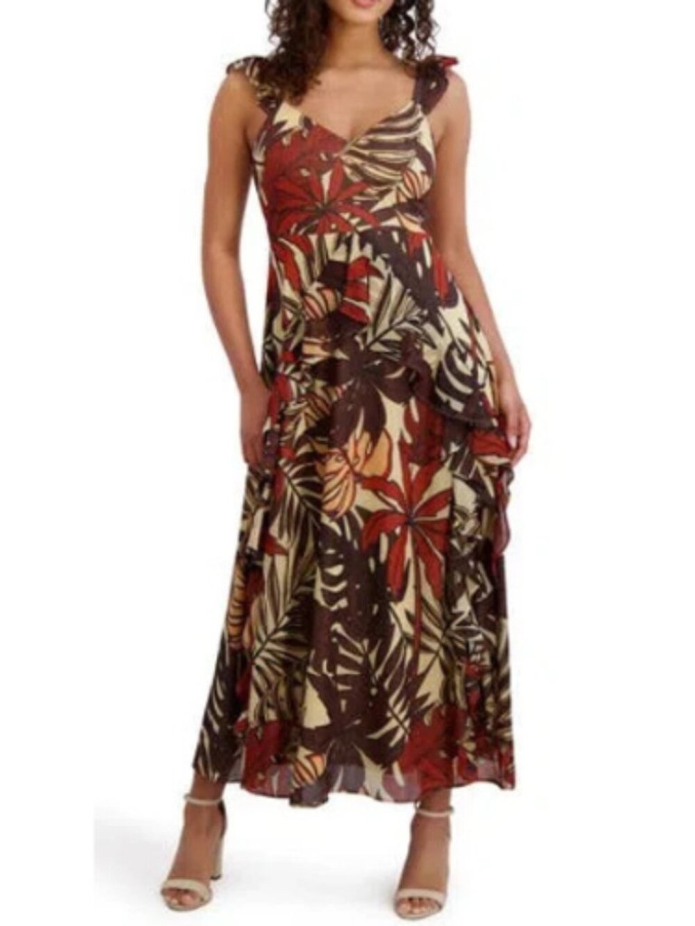 Siena Cream Chocolate Floral Palm Ruffle Maxi Event Cocktail Black Tie Dress 1X